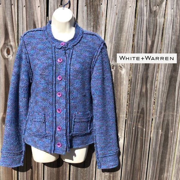 White + Warren Large Wool Cardigan Jacket Blue Purple Top Button Gray Sweater - Picture 1 of 8